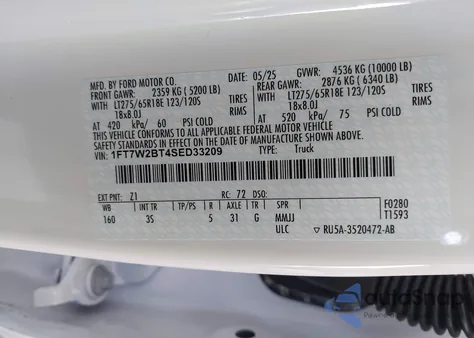 2025 Ford F-250 Xlt из США, поврежденный, VIN 1FT7W2BT4SED33209